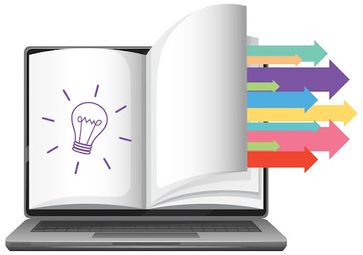 desenho de um livro com uma lampada e ideias para simbolizar livros sobre tecnologia